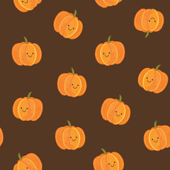 Smiling pumpkin baby seamless vector pattern on brown background.