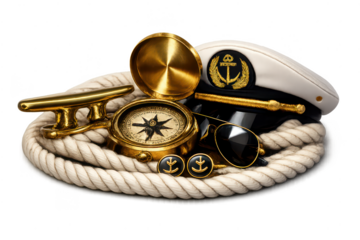 Nautical still life with hat and compass, transparent background image.
