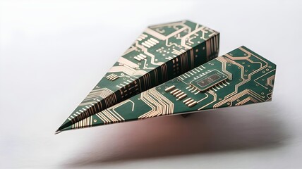 origami paper airplane with intricate green circuit board pattern design – Great for business, digital travel, invention, or future planning concepts.