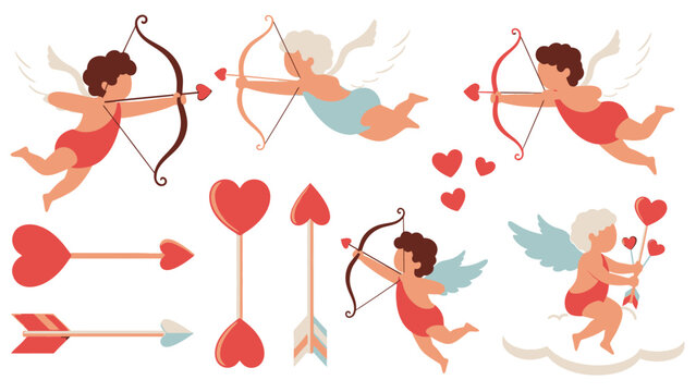 Colorful cartoon cupid angels shooting heart arrows and holding hearts
