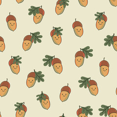 Smiling acorn baby seamless vector pattern.