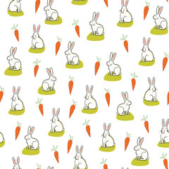Funny little rabbits and carrot baby seamless vector pattern.