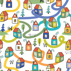 Little houses baby print seamless vector pattern on white background.