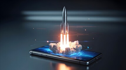 Holographic rocket launch from blue smartphone display with digital effects – Suitable for virtual reality, mobile gaming, or modern technology advertising.