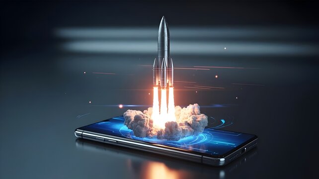 Holographic rocket launch from blue smartphone display with digital effects &ndash; Suitable for virtual reality, mobile gaming, or modern technology advertising.