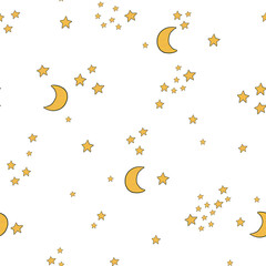 Night sky stars and moon white background vector seamless pattern.