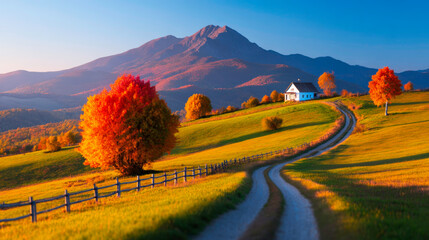 Beautiful rural landscape with colorful autumn trees in holbav romania