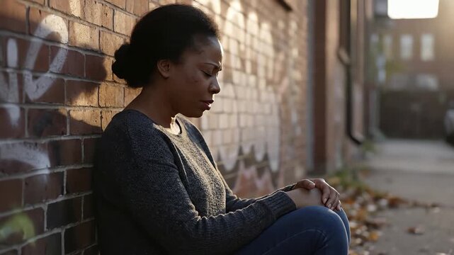 Emotional Portrait of a Lonely and Depressed Woman Sitting by a Brick Wall in a City Alley