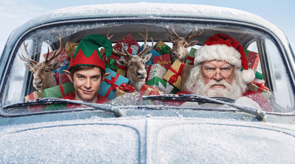 Funny scene of Santa Claus drives through the snow looking serious, while a mocking elf and three surprised reindeer ride along surrounded by Christmas gifts.