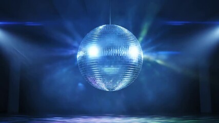Seamless loop animation of an egg shaped disco ball reflecting blue party lights in a hazy nightclub - Powered by Adobe