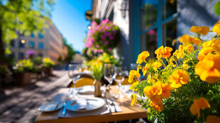Charming outdoor cafe with yellow flowers on a table inviting street