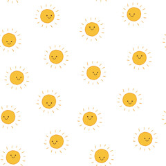 Smiling sun funny vector seamless pattern, simple and cute print for kids.