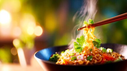 Cinematic close up chopsticks lifting steaming yellow noodles ramen soup