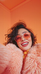 Stylish woman in pink fur coat and sunglasses smiling against vibrant orange background
