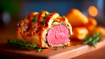 Cinematic cross section of a perfectly cooked beef wellington with pastry