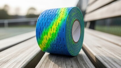 Colorful kinesiology tape roll on rustic wooden bench, providing textured athletic support for muscle recovery. Dynamic kinesiology tape in vibrant blue, green, yellow pattern,