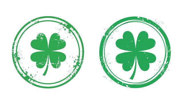A distressed green circular stamp featuring a four leaf clover design high quality