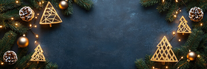 Christmas border with fir branches, glowing golden lights, glitter trees, and frosted pinecones, creating a festive background with copy space for design