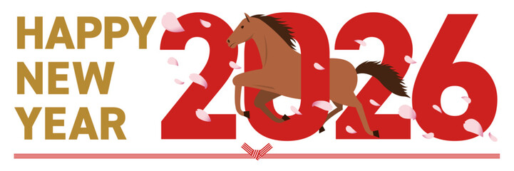 2026年をイメージした午と花吹雪が舞うhappy new yearの年賀状_横長
