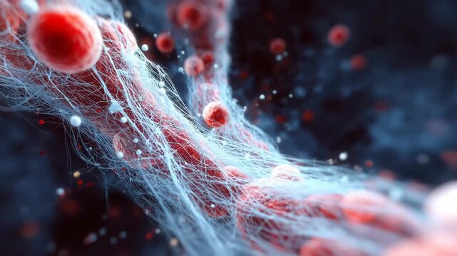 shows red and white blood cells flowing through a vein in a human body Abstract representation of white blood cells fighting off an infection