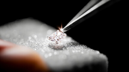 Clean studio shot of a jeweler meticulously setting a gem close