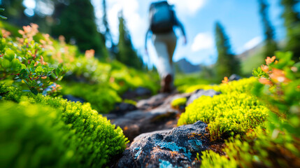 Clean studio shot of a hiker on a mountain trail lush