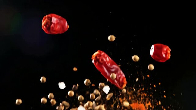 Super Slow Motion of Exploding Spices, Flying Seasonings, and Herbs on a Black Background