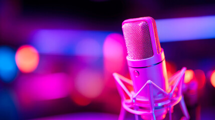 Clean studio shot of a podcast host recording an episode microphone