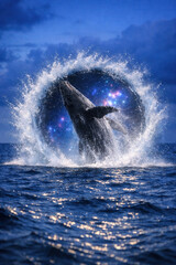 Humpback Whale Breaching Through Circular Splash With Cosmic Star Portal
