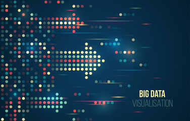 Abstract big data visualization with colorful dots forming directional arrows, symbolizing data flow, movement, analytics, and digital information streams in a modern futuristic design.