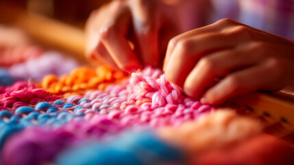 Clean studio shot of a textile artist weaving on a loom