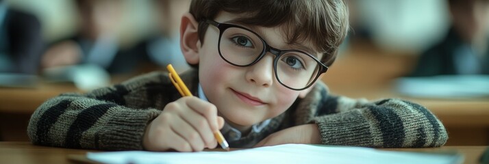 A young student wearing eyeglasses focused on writing with a pencil