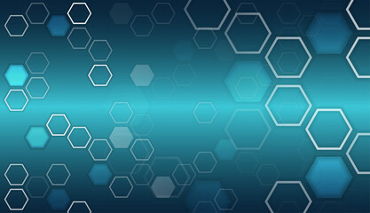 Abstract technology background with glowing hexagonal shapes on a blue gradient, symbolizing digital networks, innovation, data connections, and modern science design.