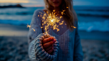 A woman is holding a sparkler in her hand