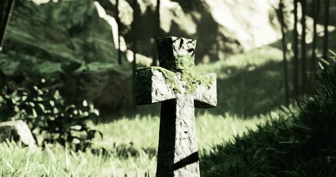 A moss covered stone cross stands prominently in a lush green landscape, surrounded by tall trees and soft sunlight filtering through the leaves, evoking a sense of peace.