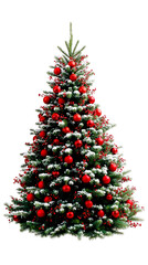 A Christmas tree with red ornaments and white snow