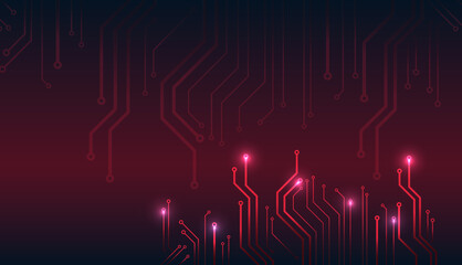 Dark futuristic technology background with glowing red circuit lines and nodes, representing digital connectivity, electronics, data processing, and high-tech innovation.