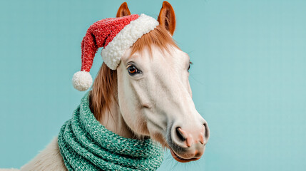 A white horse wearing a red and white hat and a green scarf