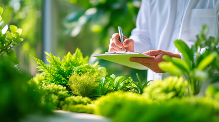 Clean studio shot of an environmental consultant assessing impact clipboard