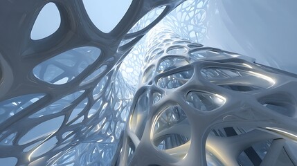 a towering skyscraper resembling a hive, walls made of bone-like steel and pulsating veins of light, biomechanical aesthetic, 