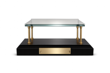 Modern glass display case with transparent background on black plinth.