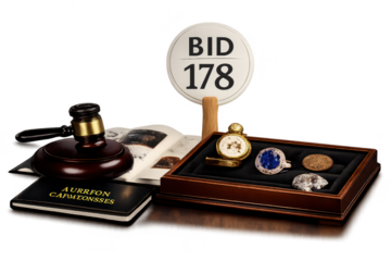 Auction with Gavel and Antique Jewelry on transparent background image.