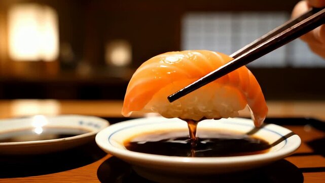 Close-up of fresh salmon nigiri sushi being dipped in soy sauce with chopsticks in a Japanese restaurant
