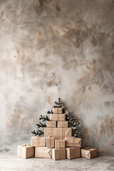 Stacked gift boxes arranged in a Christmas tree shape against a textured wall with copy space