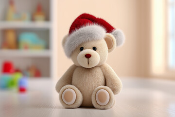Fototapeta premium Adorable teddy bear wearing santa hat in cozy living room
