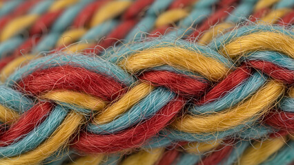 Tricolor braided yarn strands showing loose fuzzy fibers in vivid primary hues for extreme macro textile background
