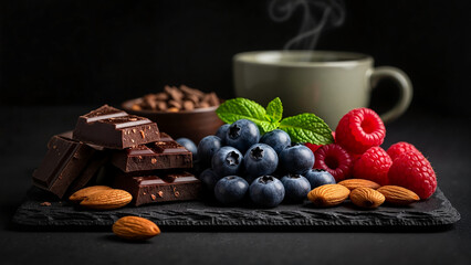 Gourmet dark chocolate chunks paired with fresh raspberries and blueberries on slate tray alongside steaming coffee mug for healthy indulgence concept