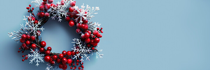 Winter holiday wreath with red berries and snowflakes on a soft blue background with copy space