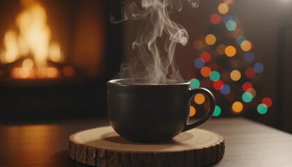 Steaming matte dark mug resting on rustic timber slice against blurred hearth fire and multicolor holiday tree lights