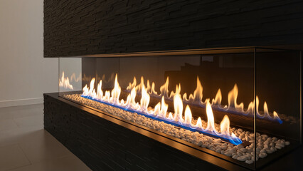 Side perspective close-up of linear gas fireplace featuring blue flames and white pebbles within textured slate casing